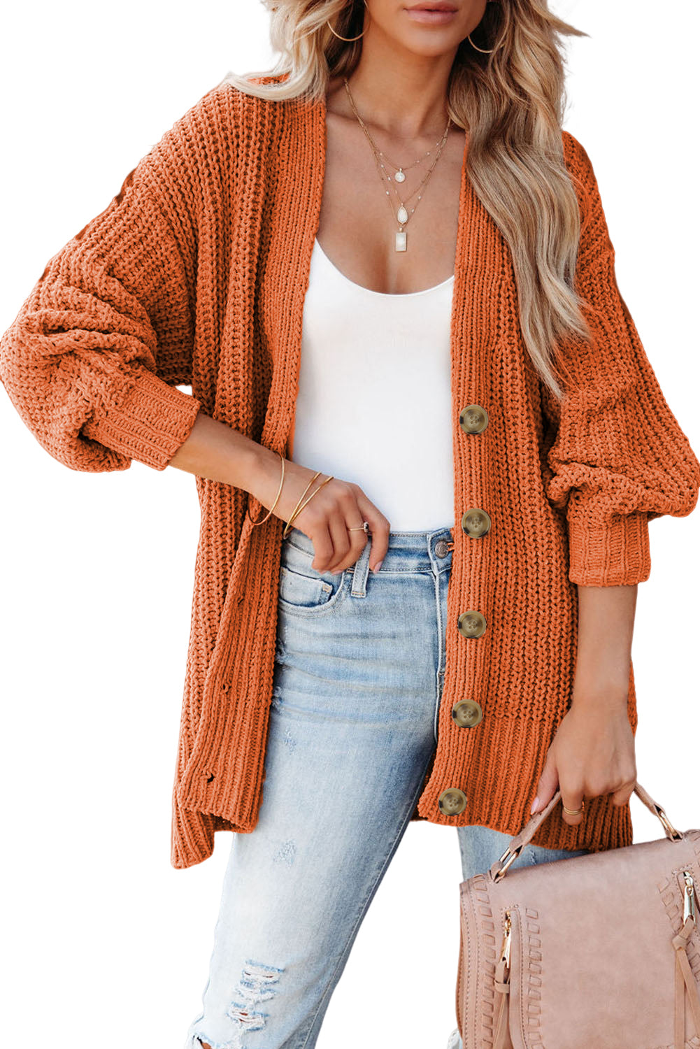 Gold Flame Button Front V Neck Chunky Cardigan Sweater Cardigans JT's Designer Fashion