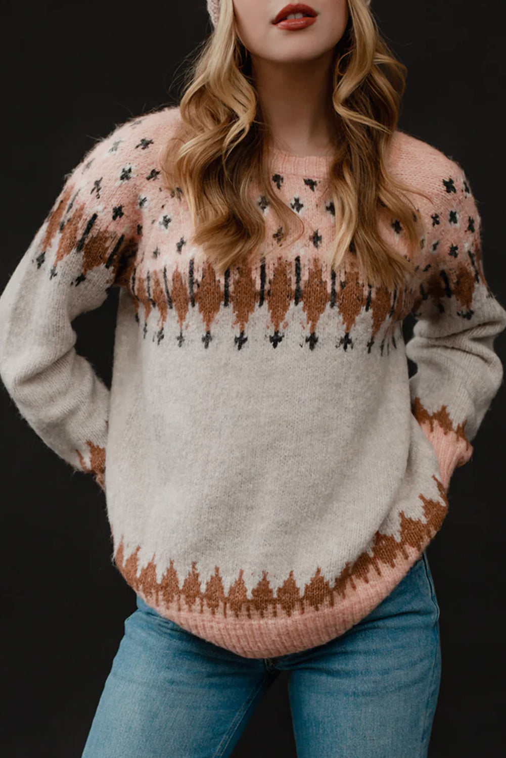 Multicolor Mixed Geometric Detail Raglan Sleeve Sweater Sweaters & Cardigans JT's Designer Fashion