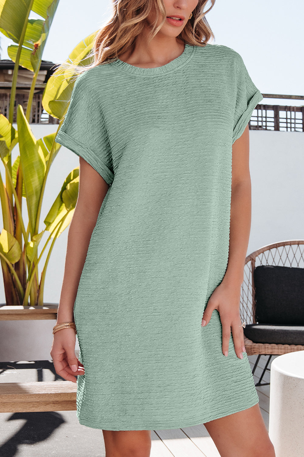 Grass Green Solid Color Textured Crinkle Short Sleeve T Shirt Dress T Shirt Dresses JT's Designer Fashion