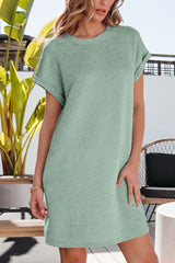 Grass Green Solid Color Textured Crinkle Short Sleeve T Shirt Dress T Shirt Dresses JT's Designer Fashion