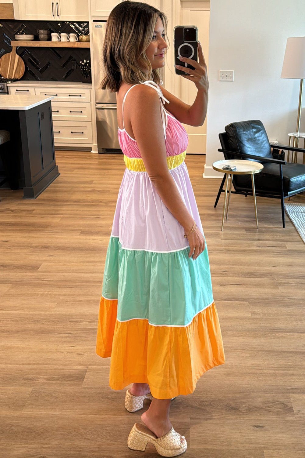 Multicolour Colorblock Self-tie Straps High Waist Flowy Long Dress with Pockets Maxi Dresses JT's Designer Fashion