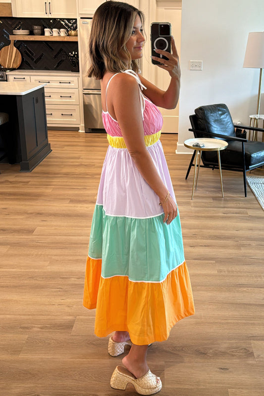 Multicolour Colorblock Self-tie Straps High Waist Flowy Long Dress with Pockets Maxi Dresses JT's Designer Fashion