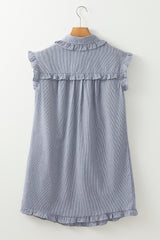 Blue Stripe Frilled Sleeveless Collar Front Pocket Button Up Mini Dress Mini Dresses JT's Designer Fashion