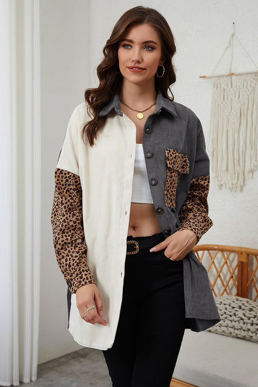 Gray Color Block Leopard Patched Corduroy Shacket Gray 95%Polyester+5%Elastane Jackets JT's Designer Fashion