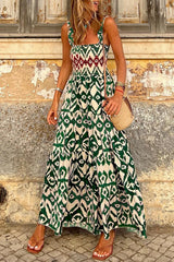 Green Western Aztec Shirred A-line Sleeveless Long Dress Maxi Dresses JT's Designer Fashion