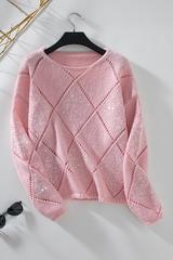 Light Pink Hollowed Rhombus Pattern Sequin Detail Round Neck Sweater Sweaters JT's Designer Fashion