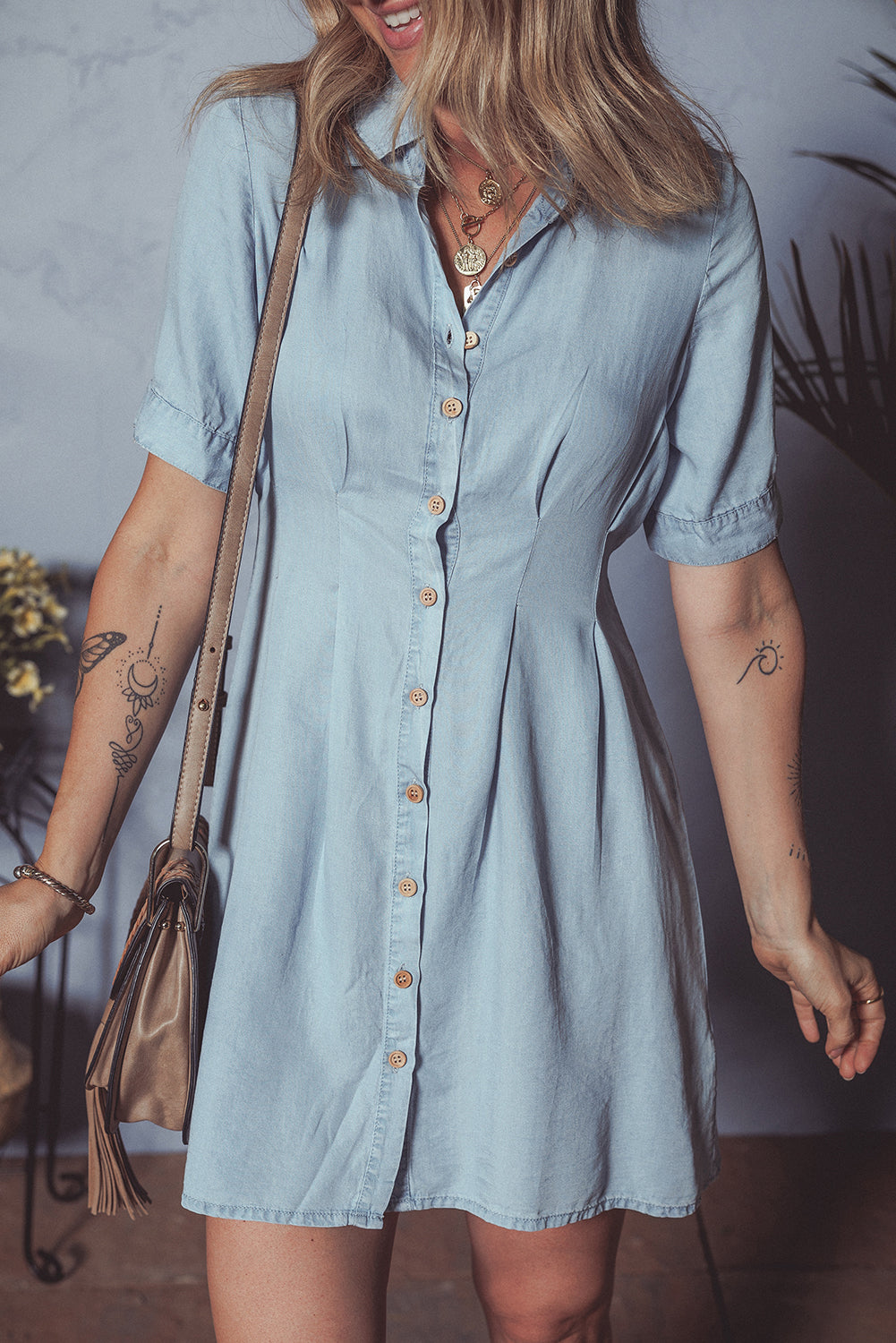 Myosotis Denim Pleated Slim Waist Short Sleeve Shirt Dress Dresses JT's Designer Fashion