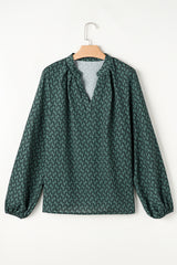 Green Geometric Print Notched Neck Puff Sleeve Blouse Blouses & Shirts JT's Designer Fashion
