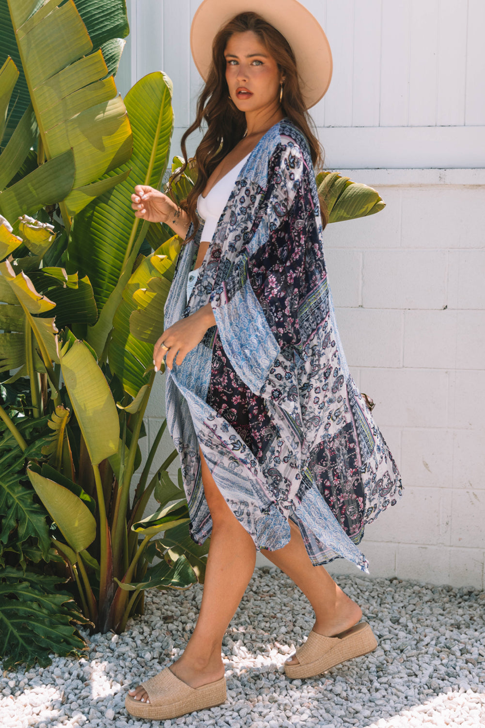 Blue Retro Floral Print Long Loose Open Front Kimono Kimonos JT's Designer Fashion