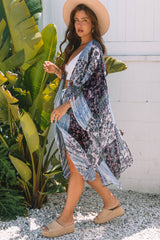 Blue Retro Floral Print Long Loose Open Front Kimono Kimonos JT's Designer Fashion