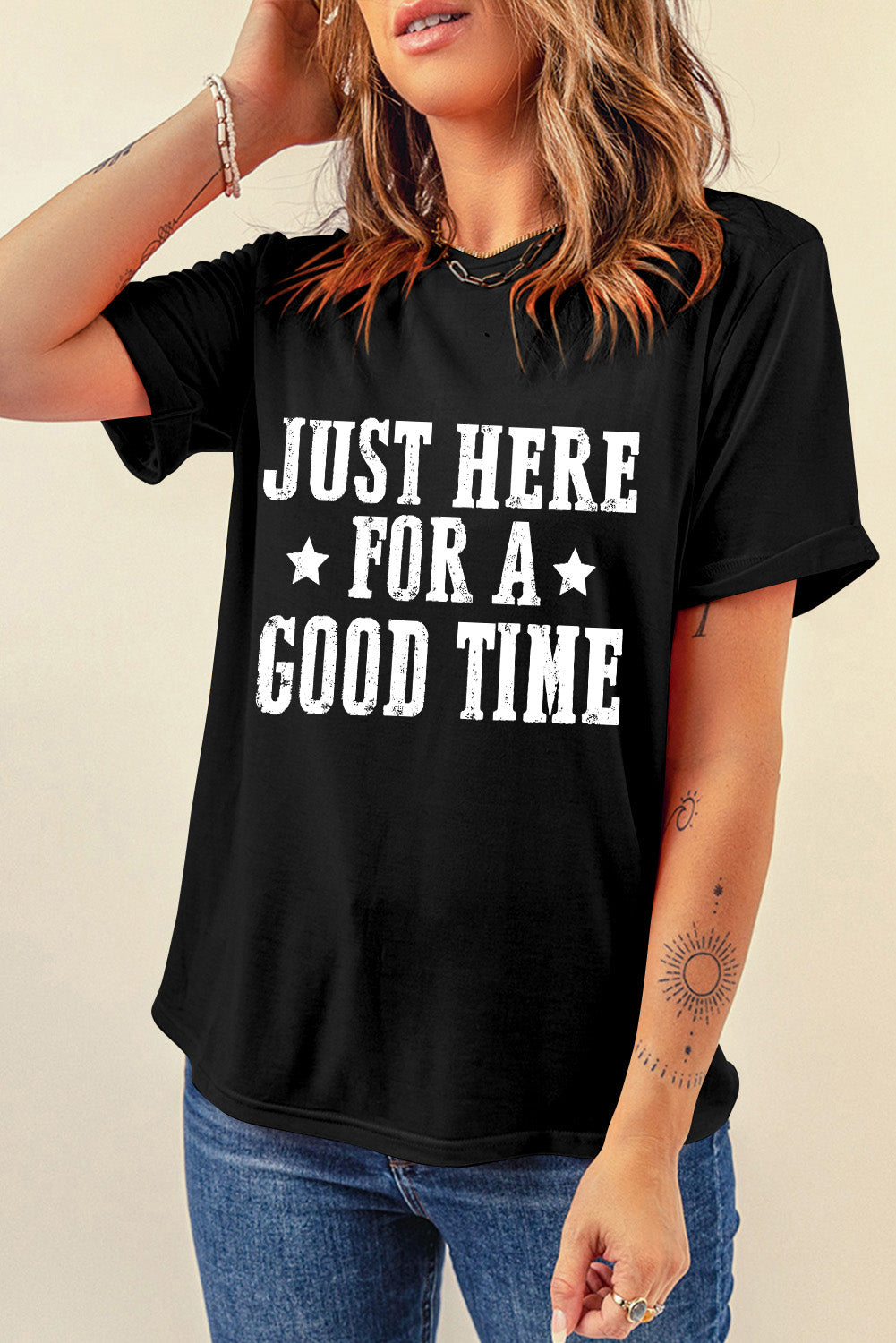 Black Just Here For A Good Time Graphic Round Neck T Shirt Graphic Tees JT's Designer Fashion