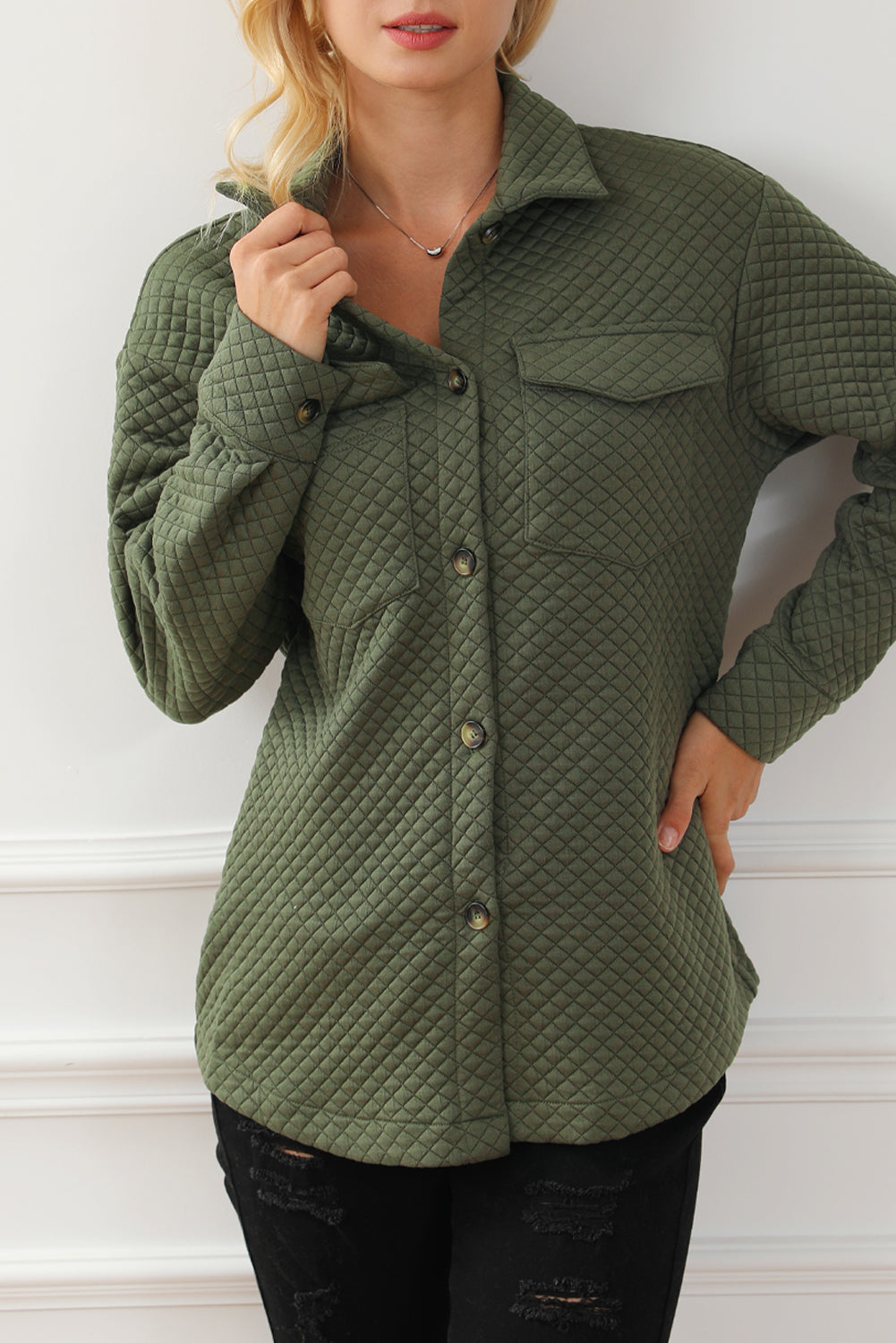 Green Retro Quilted Flap Pocket Button Shacket Jackets JT's Designer Fashion