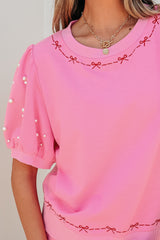 Pink Contrast Bow Trim Pearl Puff Sleeve Blouse and Skort 2pcs Set Short Sets JT's Designer Fashion