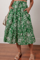 Green Floral Print Shirred Crop Top and High Waist Midi Skirt Set Two Piece Dresses JT's Designer Fashion