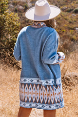 Blue Aztec Print Open Front Knitted Cardigan Sweaters & Cardigans JT's Designer Fashion
