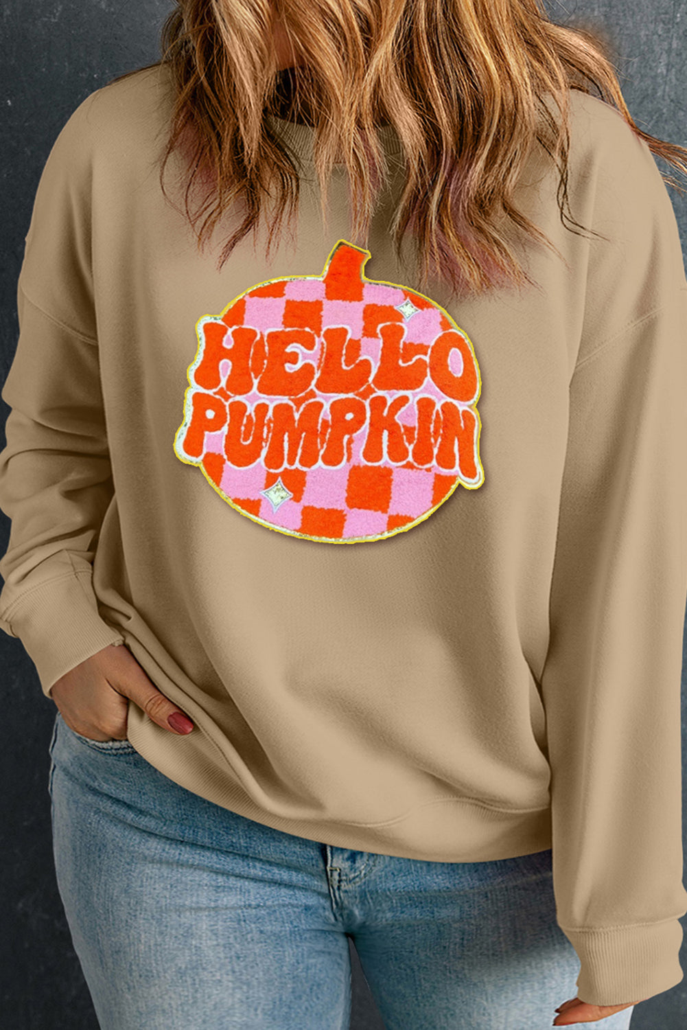 Apricot Plus Hello Pumpkin Pattern Drop Shoulder Halloween Sweatshirt Apricot 50%Polyester+50%Cotton Graphic Plus Size JT's Designer Fashion