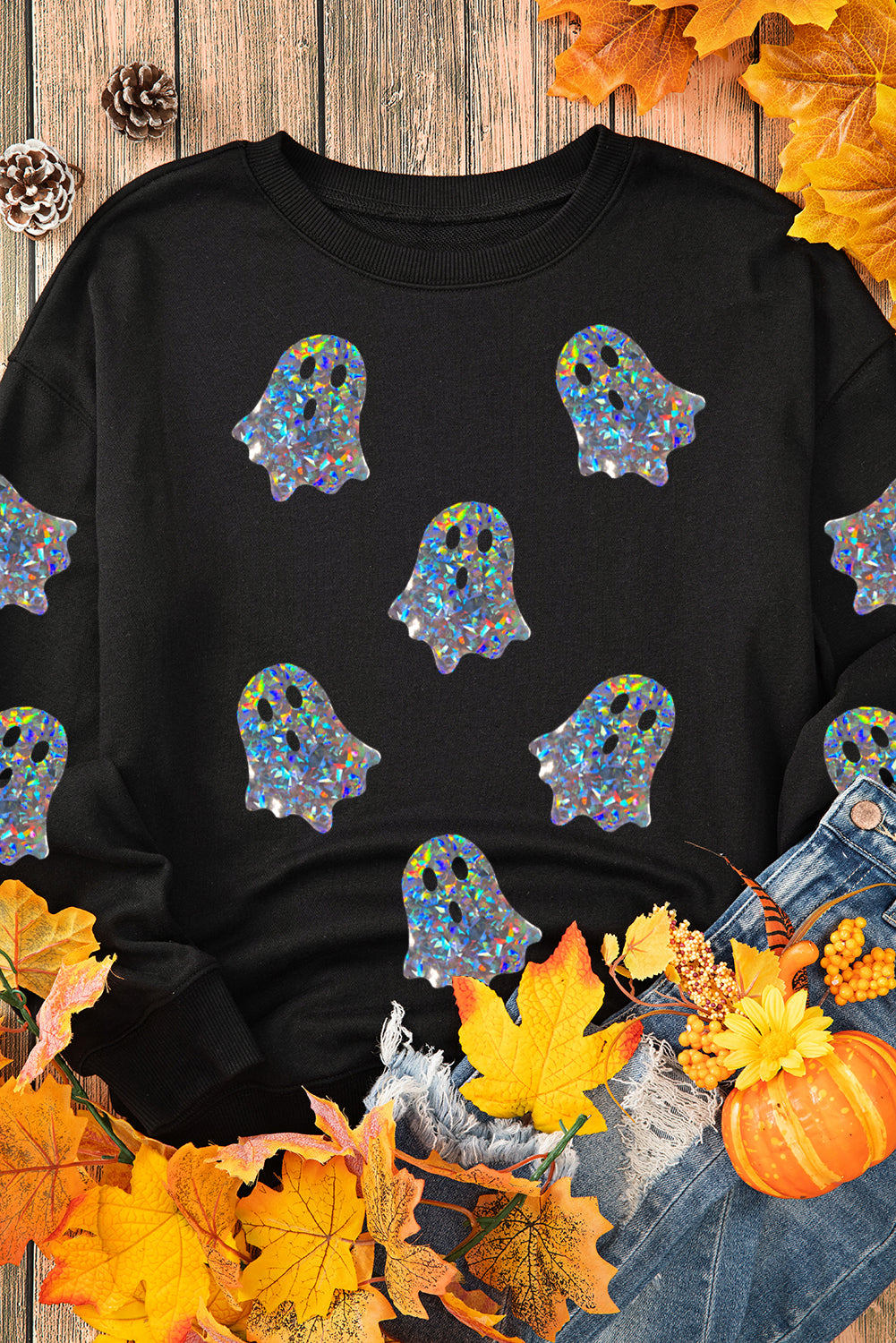 Black Glitter Ghosts Pattern Long Sleeve Halloween Sweatshirt Graphic Sweatshirts JT's Designer Fashion