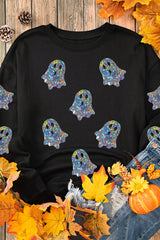 Black Glitter Ghosts Pattern Long Sleeve Halloween Sweatshirt Graphic Sweatshirts JT's Designer Fashion