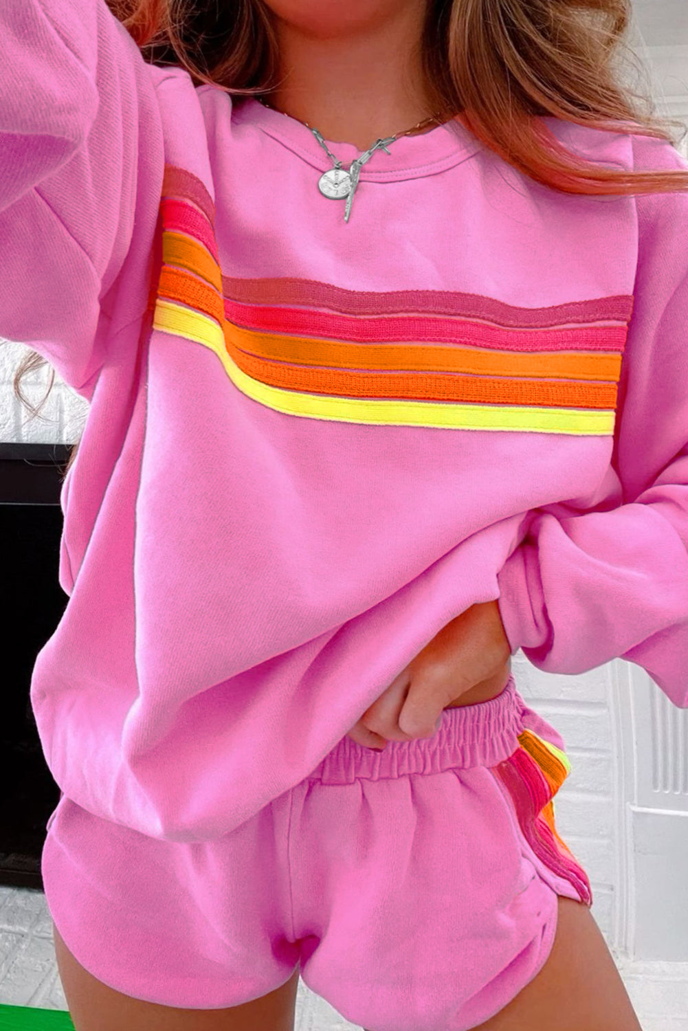Bonbon Striped Accent Pullover and Shorts Two Piece Casual Set Short Sets JT's Designer Fashion