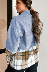 Khaki Plaid Patchwork Buttoned Oversized Denim Jacket Denim Jackets JT's Designer Fashion