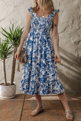 Blue Floral Ruffle Strap Square Neck Smocked Bodice Midi Dress Floral Dresses JT's Designer Fashion