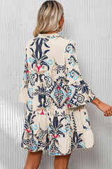 White Printed Tribal Bracelet Sleeve Buttoned Mini Dress Mini Dresses JT's Designer Fashion