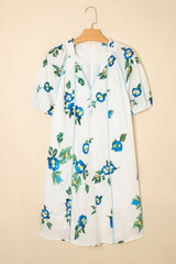 White Plus Size Floral Short Puff Sleeve Contrast Tie V Neck Dress Plus Size Mini Dresses JT's Designer Fashion