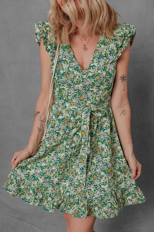 Green Flower Print Flutter Sleeve V Neck Sashed Ruffled Mini Dress Green 100%Polyester Floral Dresses JT's Designer Fashion