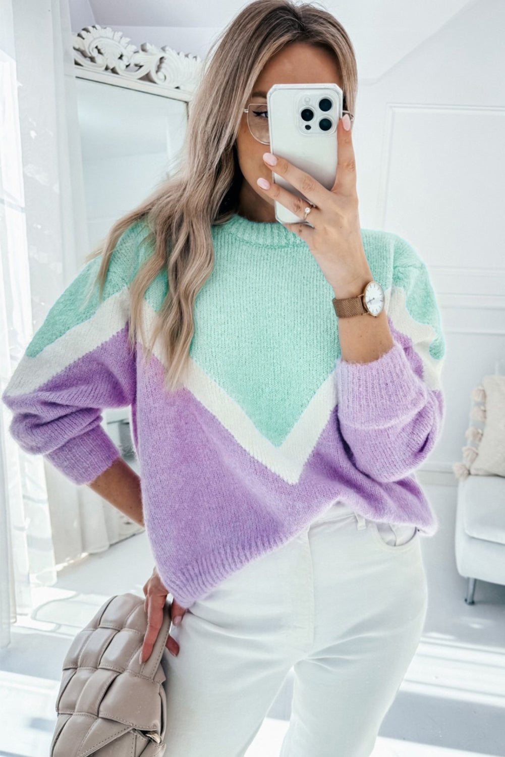 Green Chevron Colorblock Ribbed Knit Drop Shoulder Sweater Sweaters JT's Designer Fashion