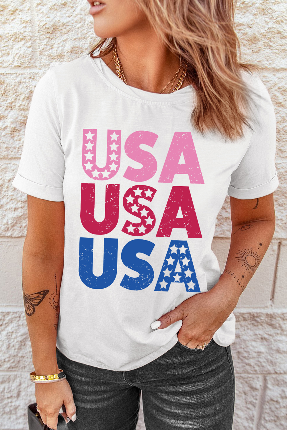 White USA Starry Letter Graphic Cotton Blend T Shirt Graphic Tees JT's Designer Fashion