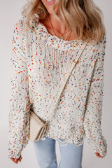 White Colorful Confetti Distressed Knit Sweater Sweaters JT's Designer Fashion