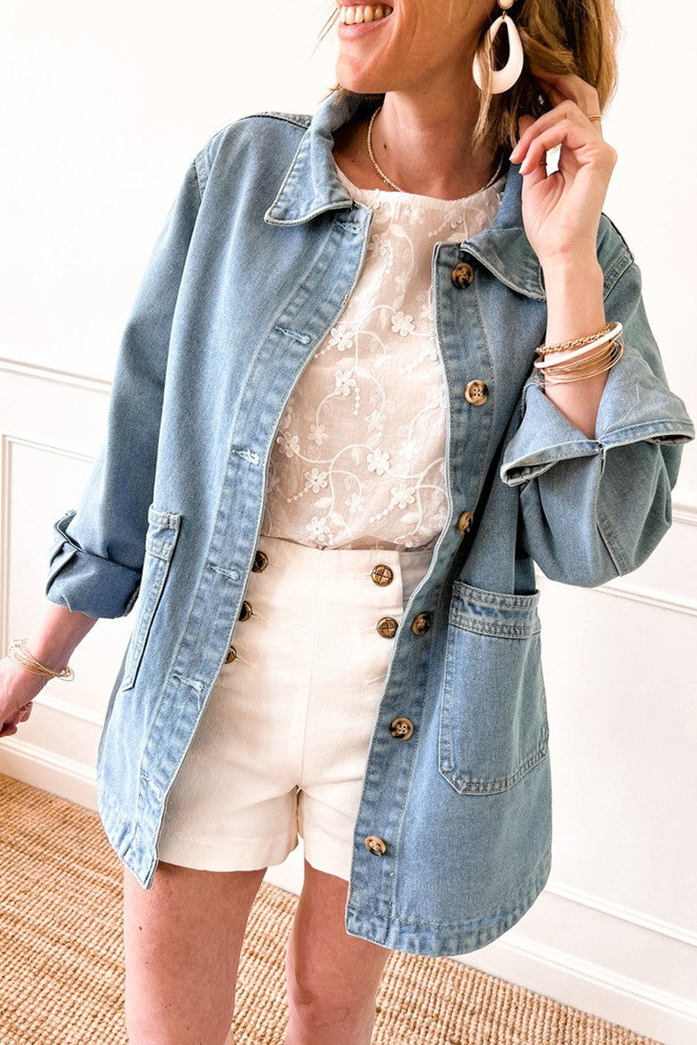 Dusk Blue Slit Buttons Pocketed Denim Jacket Dusk Blue 75%Cotton+25%Polyester Denim Jackets JT's Designer Fashion