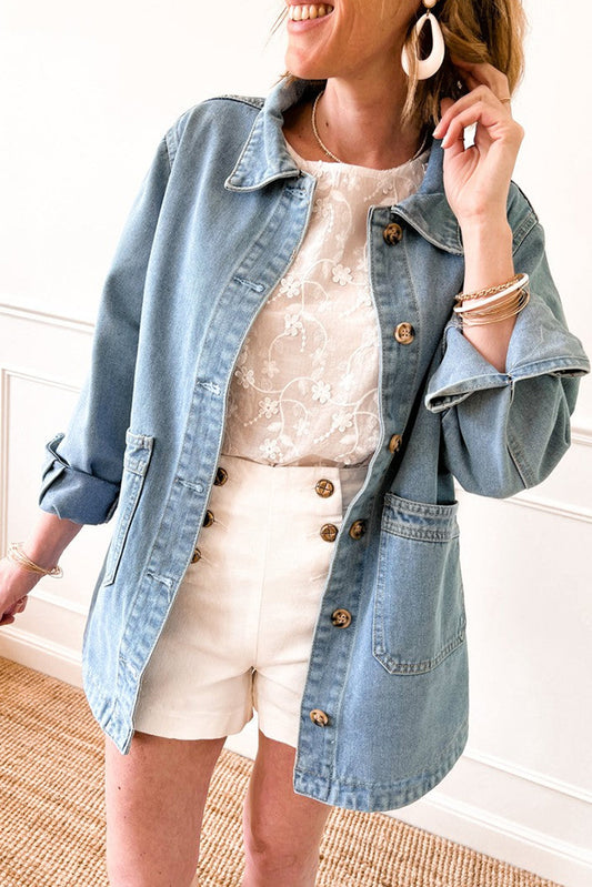 Dusk Blue Slit Buttons Pocketed Denim Jacket Dusk Blue 75%Cotton+25%Polyester Denim Jackets JT's Designer Fashion