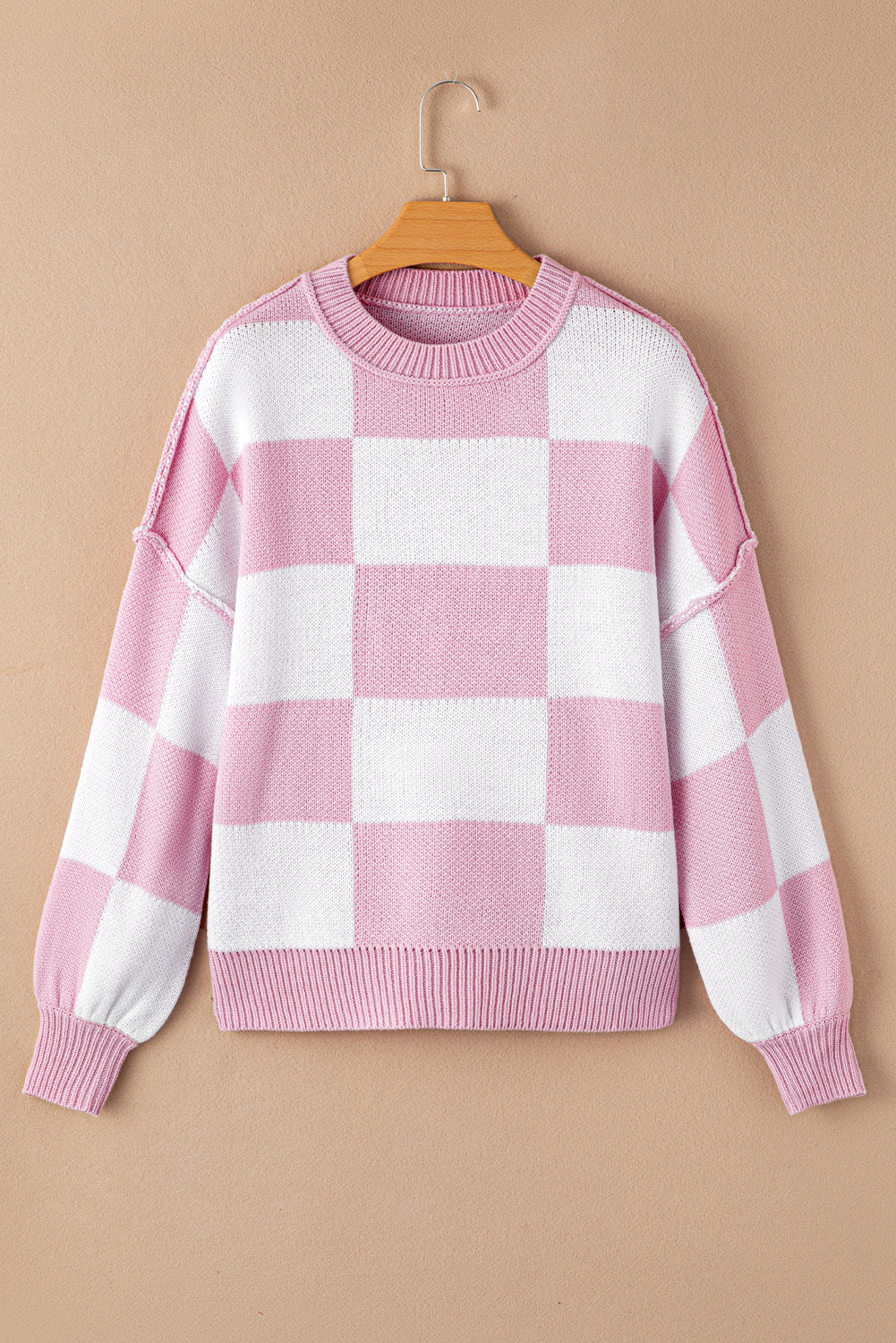 Pink Checkered Bishop Sleeve Sweater Sweaters JT's Designer Fashion