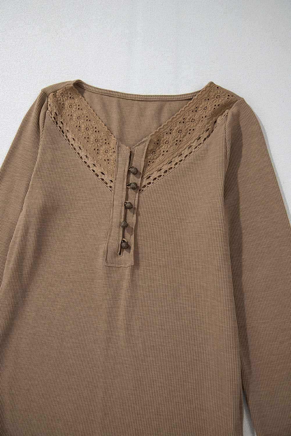 Chestnut Anglaise Broider Ribbed Long Sleeve Top Long Sleeve Tops JT's Designer Fashion