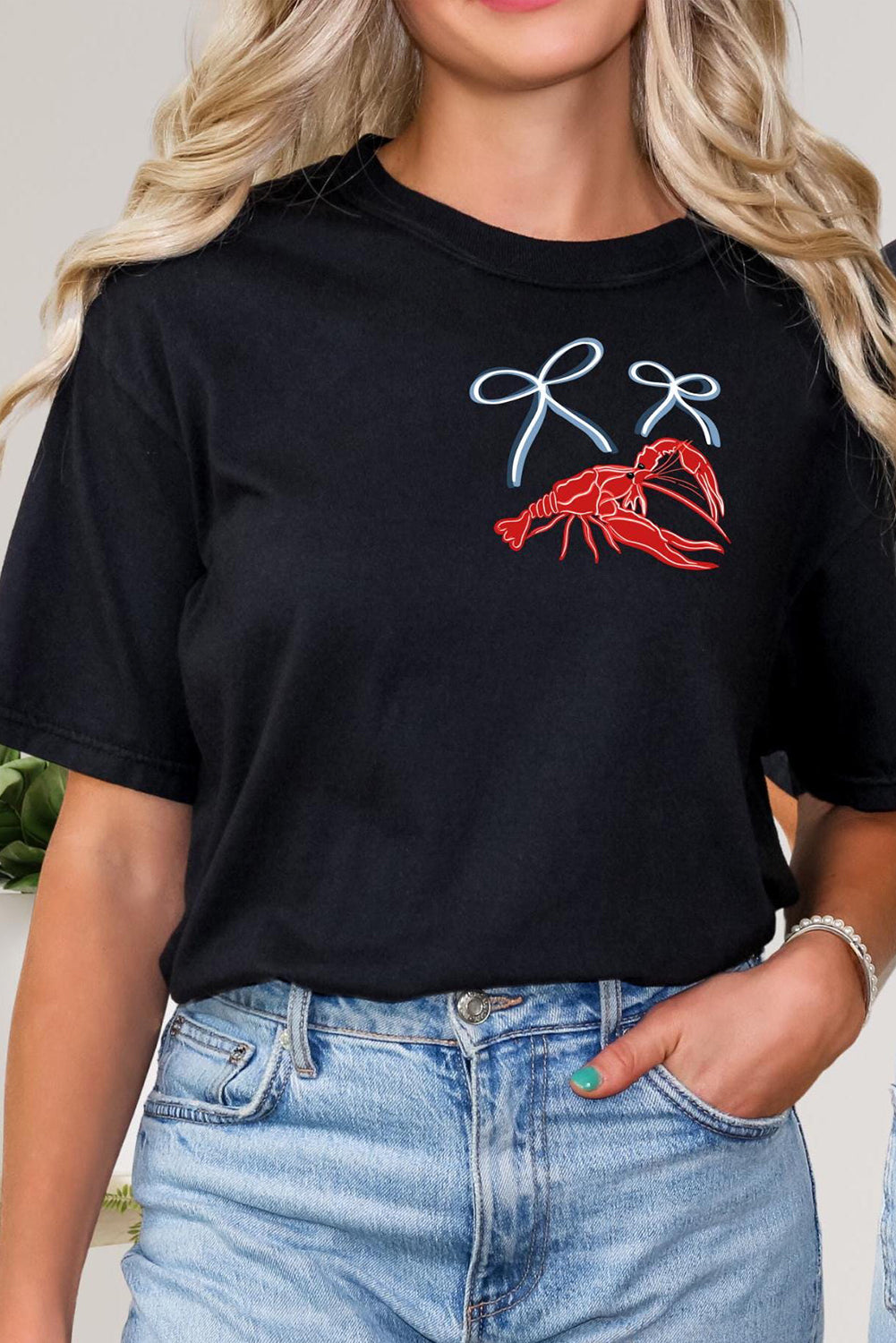 Black Girlie Bow Crawfish Printed T Shirt Graphic Tees JT's Designer Fashion