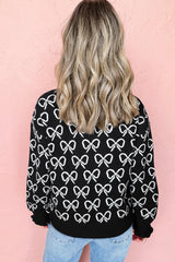 Black Cute Bow Pattern Drop Shoulder Zipped Collar Sweater Sweaters JT's Designer Fashion