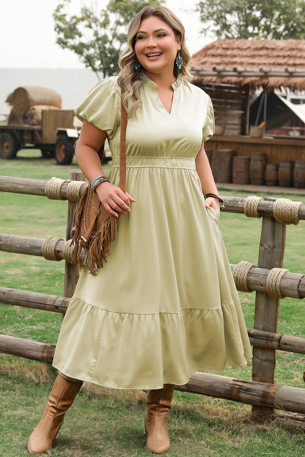 Laurel Green Notched V Neck Puff Sleeve Tiered Plus Size Maxi Dress Plus Size Maxi Dresses JT's Designer Fashion