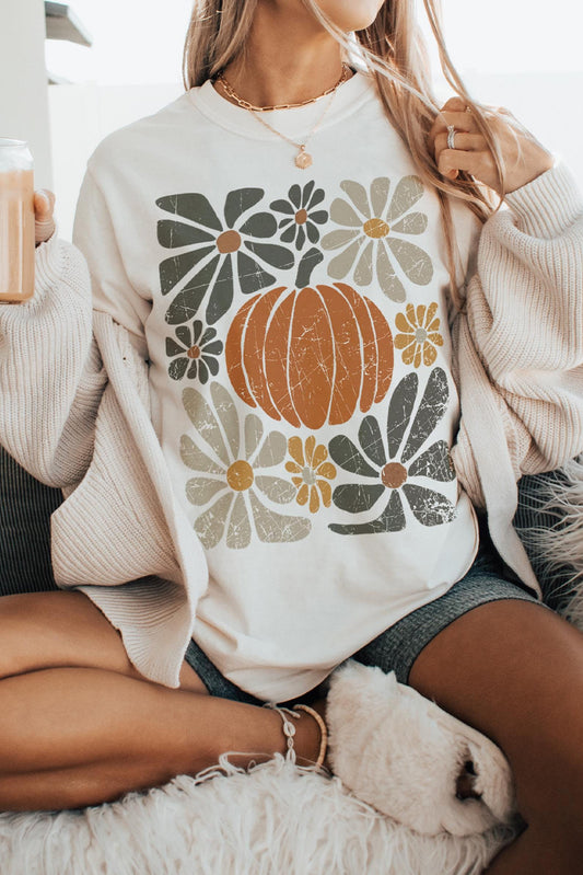 White Thanksgiving Pumpkin Print Loose Crewneck Tunic T Shirt Graphic Tees JT's Designer Fashion