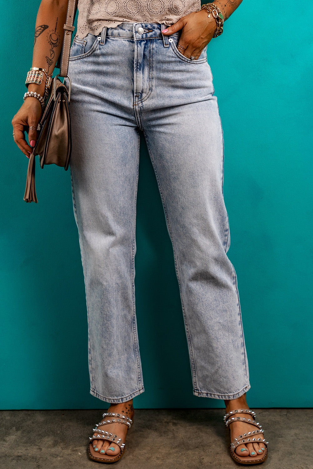 Beau Blue Acid Wash Straight Jeans Beau Blue 71%Cotton+27.5%Polyester+1.5%Elastane Jeans JT's Designer Fashion