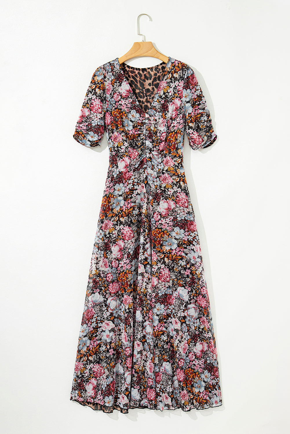 Brown Mesh Leopard Floral Reversible V Neck Short Sleeve Dress Dresses JT's Designer Fashion