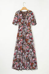 Brown Mesh Leopard Floral Reversible V Neck Short Sleeve Dress Dresses JT's Designer Fashion