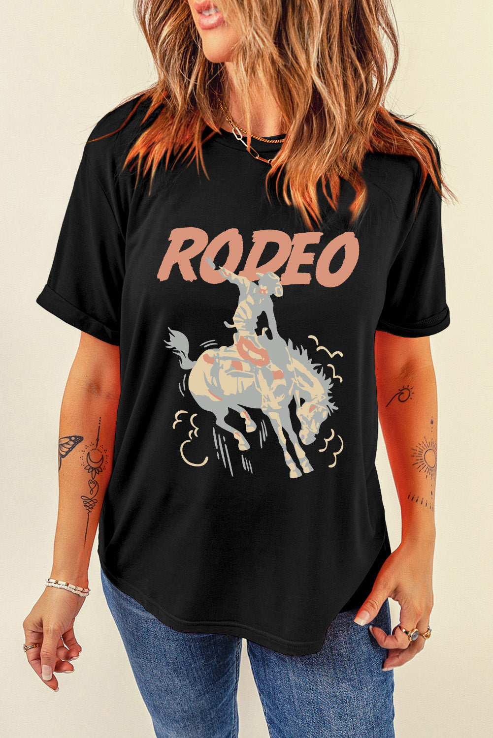 Black RODEO Cowboy Graphic Crewneck T Shirt Graphic Tees JT's Designer Fashion