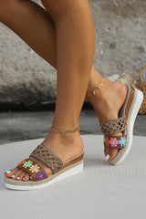 White Floral Print Braided Details Wedge Slippers Slippers JT's Designer Fashion