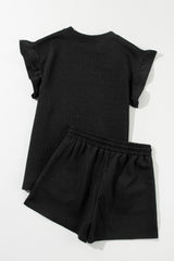 Black Textured Ruffle Split Top and Drawstring Shorts Short Sets JT's Designer Fashion