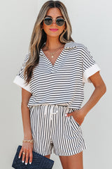 Black Stripe V Neck Tee and Casual Short Set Black Stripe 70%Polyester+27%Viscose+3%Elastane Short Sets JT's Designer Fashion