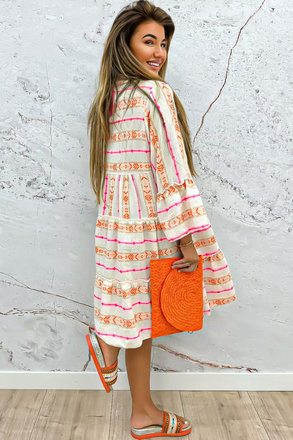 Orange Bohemian Printed Bracelet Sleeve Slit Neck Ruffled Loose Dress Mini Dresses JT's Designer Fashion