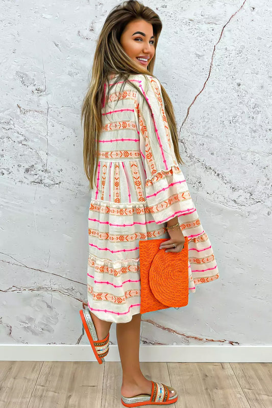 Orange Bohemian Printed Bracelet Sleeve Slit Neck Ruffled Loose Dress Mini Dresses JT's Designer Fashion