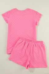 Sachet Pink Checkered Textured Tee and Drawstring Shorts Short Sets JT's Designer Fashion