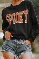 Black SPOOKY Graphic Drop Shoulder Halloween Pullover Sweatshirt Graphic Sweatshirts JT's Designer Fashion